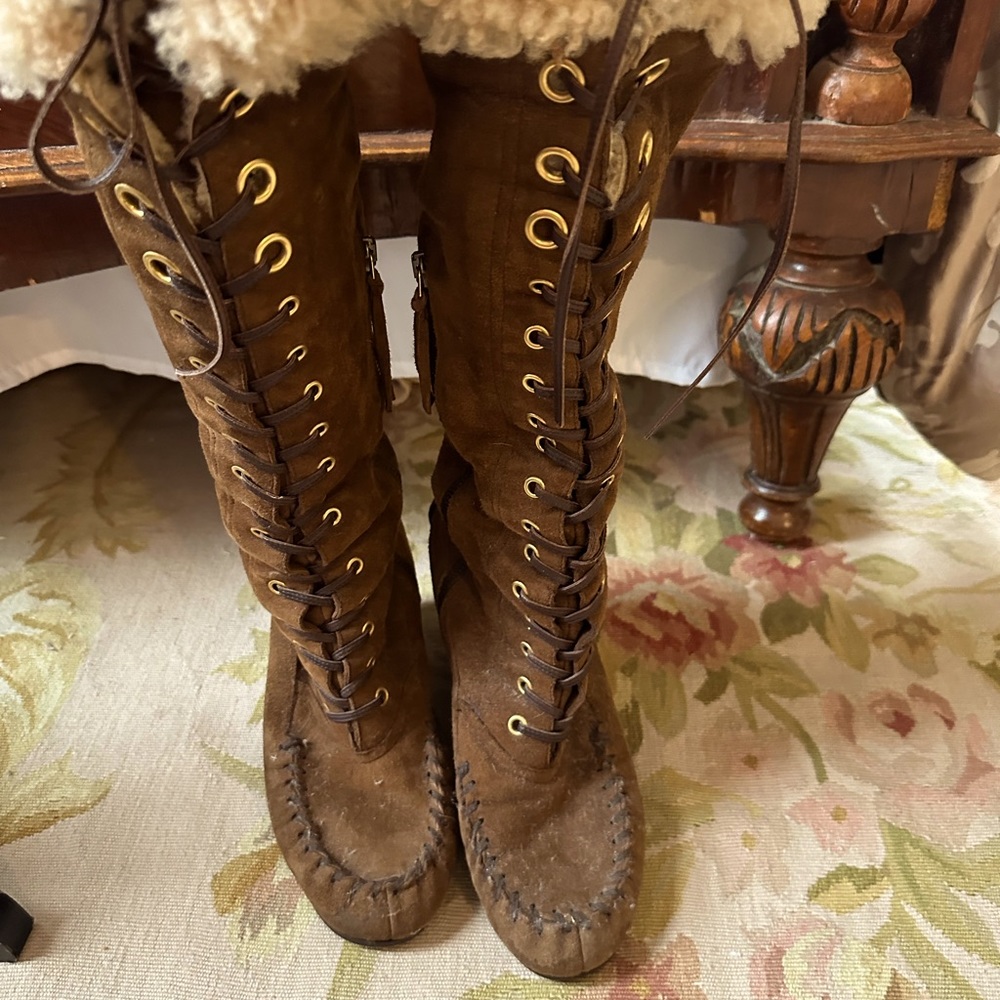 MIU MIU Suede and Wool Fleece Lace Up/ Side Zip Boots 37 1/2 Made in Italy